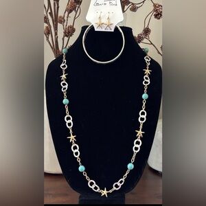 Laura Ford Goldtone,faux turquoise,silvertone circles,starfish,earrings & bangle